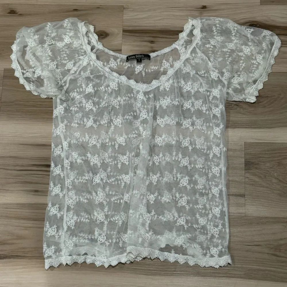 Lovestitch White Sheer Lace Shirt Top Women's Small